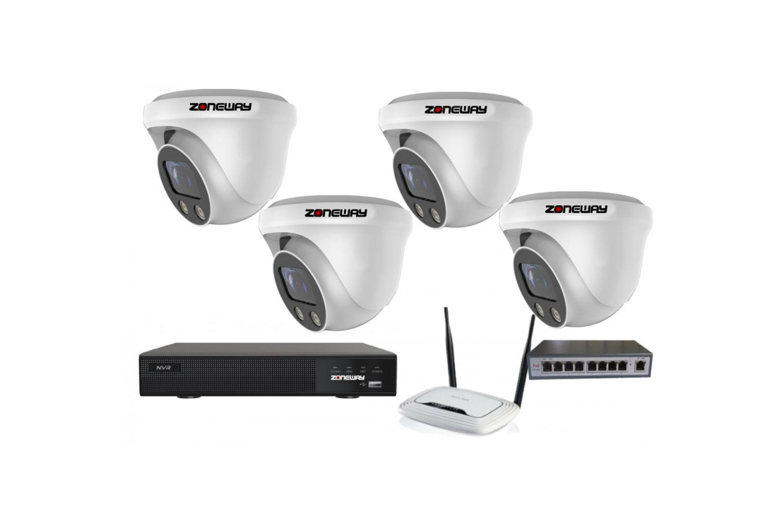 5MPx H265 kamerový IP POE set ZONEWAY - 4x dome kamera NC960, NVR 2104, router, POE switch 4 + 1