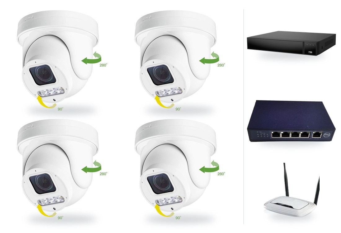 Set kamer ZONEWAY: 4x mini PTZ IP kamera 6 Mpx, zoom 4x, NVR3016, PoE switch 4+1 | ZONEWAY 4-X4DM6S-3016