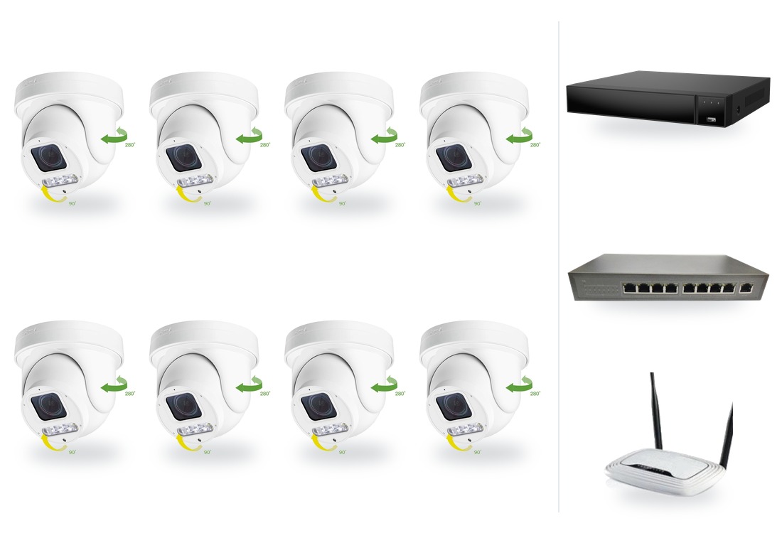 Set kamer ZONEWAY: 8x mini PTZ IP kamera 6 Mpx, zoom 4x, NVR3016, PoE switch 8+1 | ZONEWAY 8-X4DM6S-3016