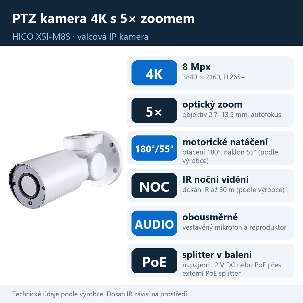 Venkovní válcová PTZ IP kamera HICO X5I-M8S Přehled funkcí otočné IP kamery HICO X5I-M8S: 4K, zoom 5×, natáčení, noc, audio a PoE splitter v balení