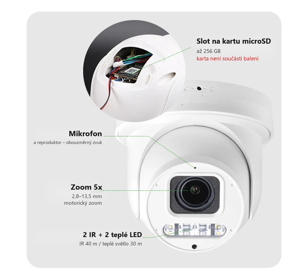 Popis výbavy kamery HICO X4D-M6S: microSD, mikrofon, zoom 5x, IR a teplé LED Popis výbavy kamery HICO X4D-M6S: microSD, mikrofon, zoom 5x, IR a teplé LED