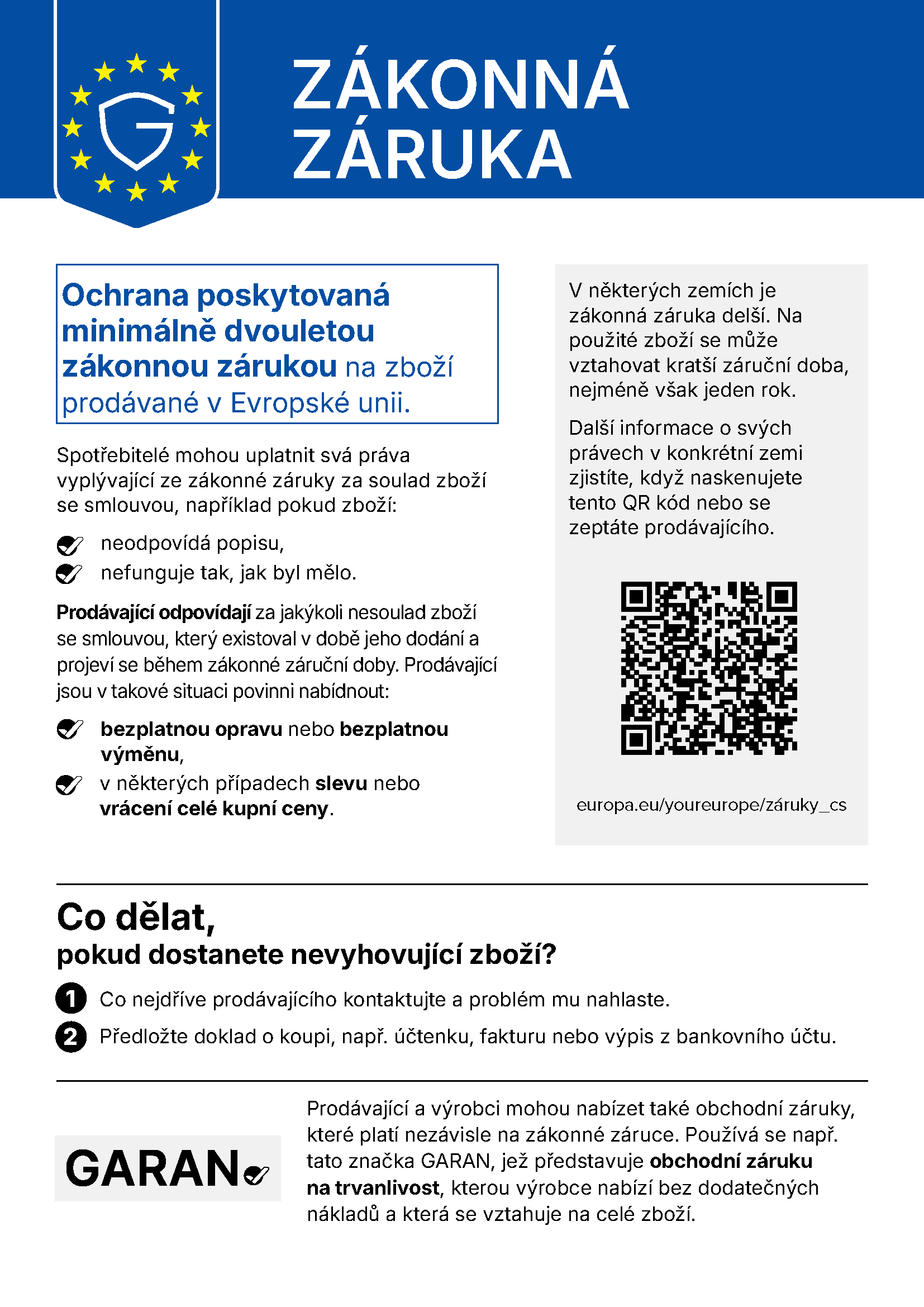 Zákonná záruka – oficiální oznámení Evropské unie o právech spotřebitele ze zákonné záruky